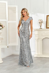Silver Grey Sequin Cap‑Sleeve Mermaid Evening Gown