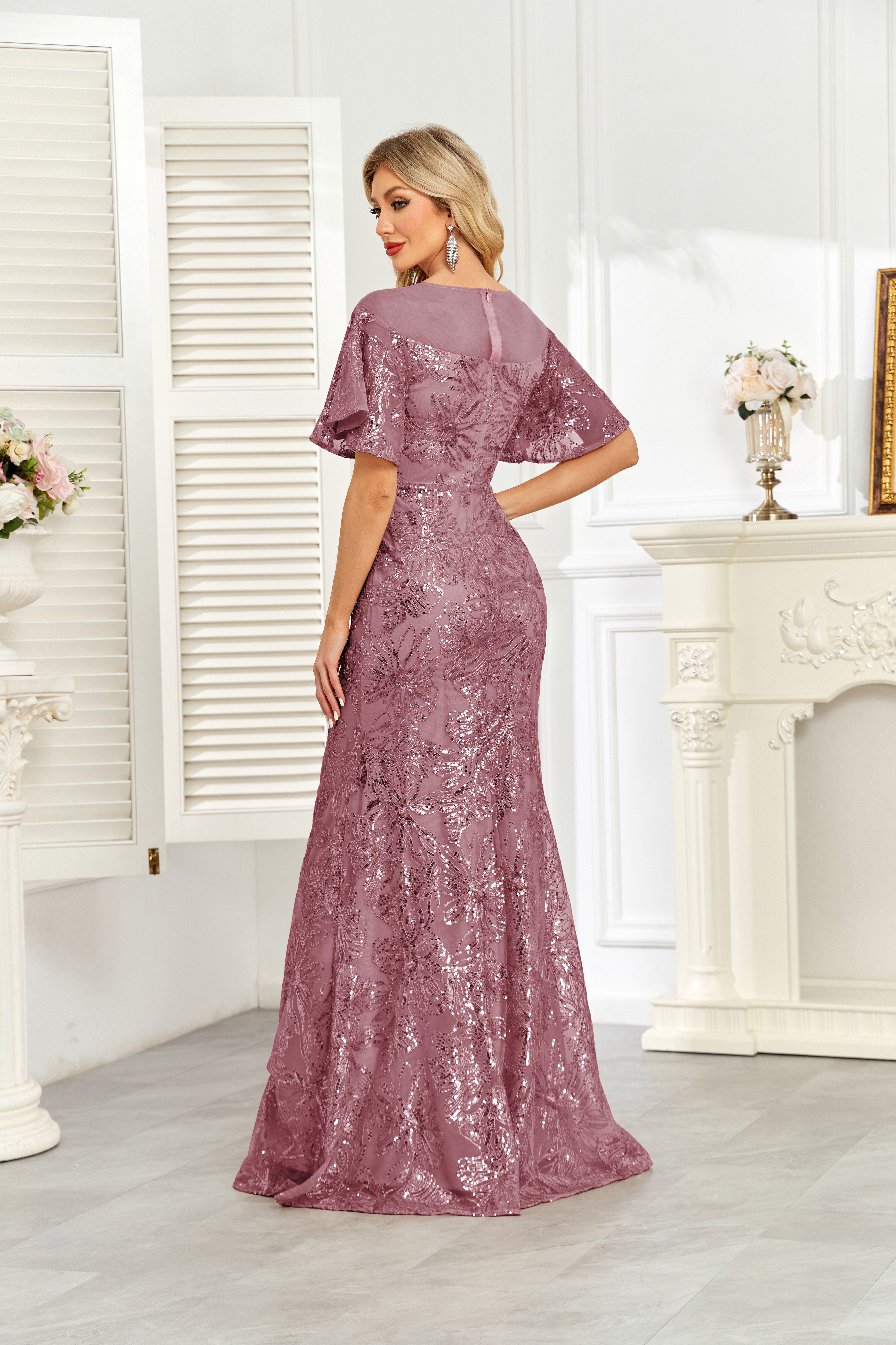 Champagne Gold Sequin Flutter Sleeve A‑Line Evening Gown