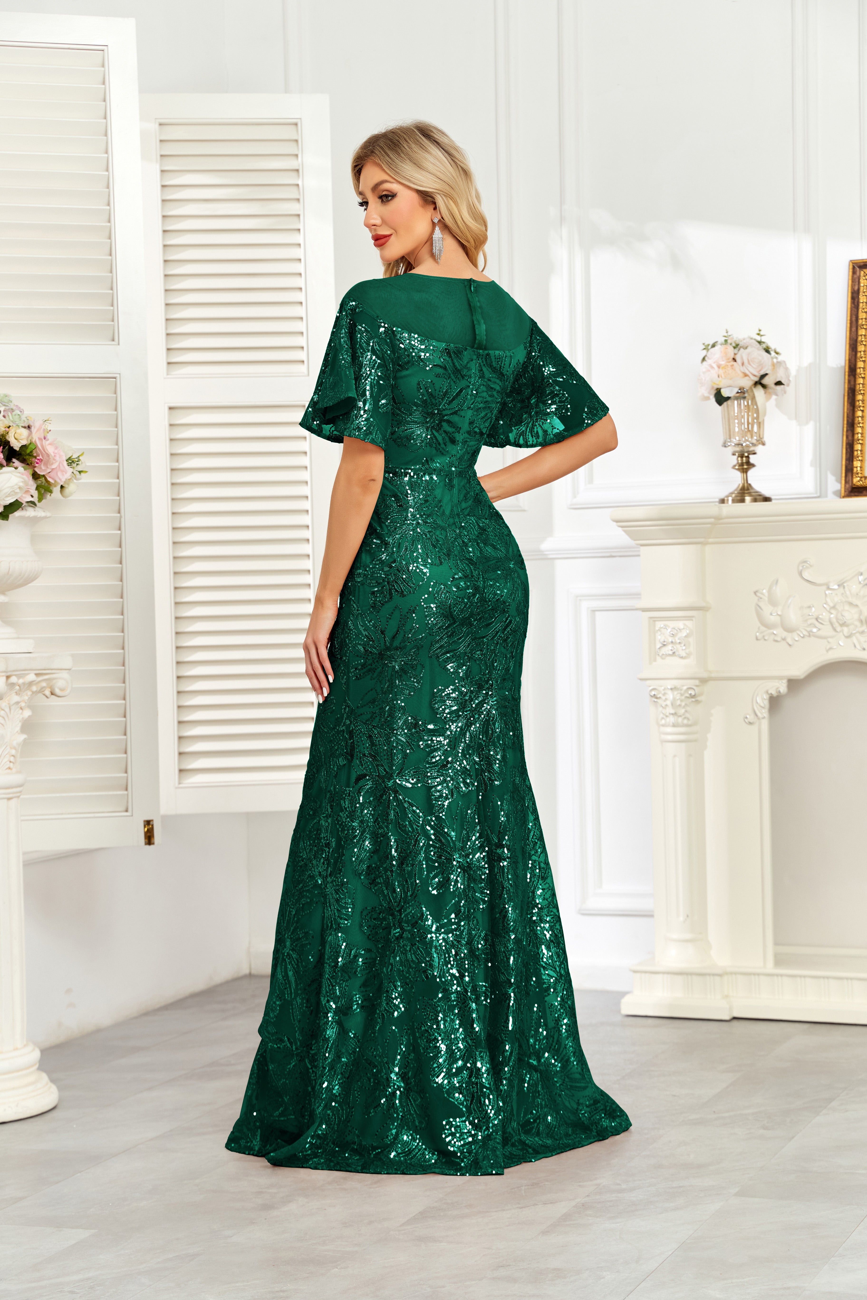 Champagne Gold Sequin Flutter Sleeve A‑Line Evening Gown