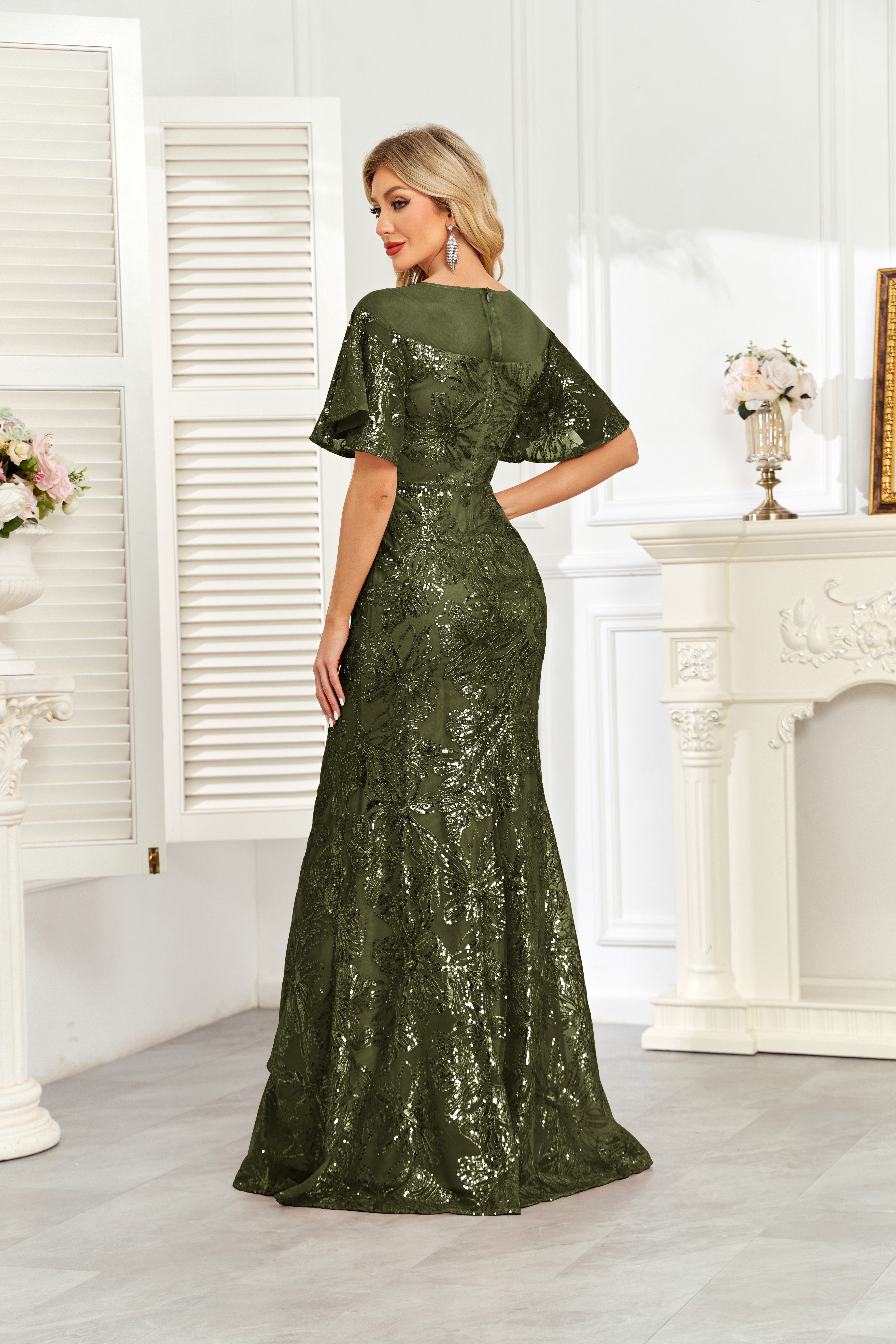 Champagne Gold Sequin Flutter Sleeve A‑Line Evening Gown
