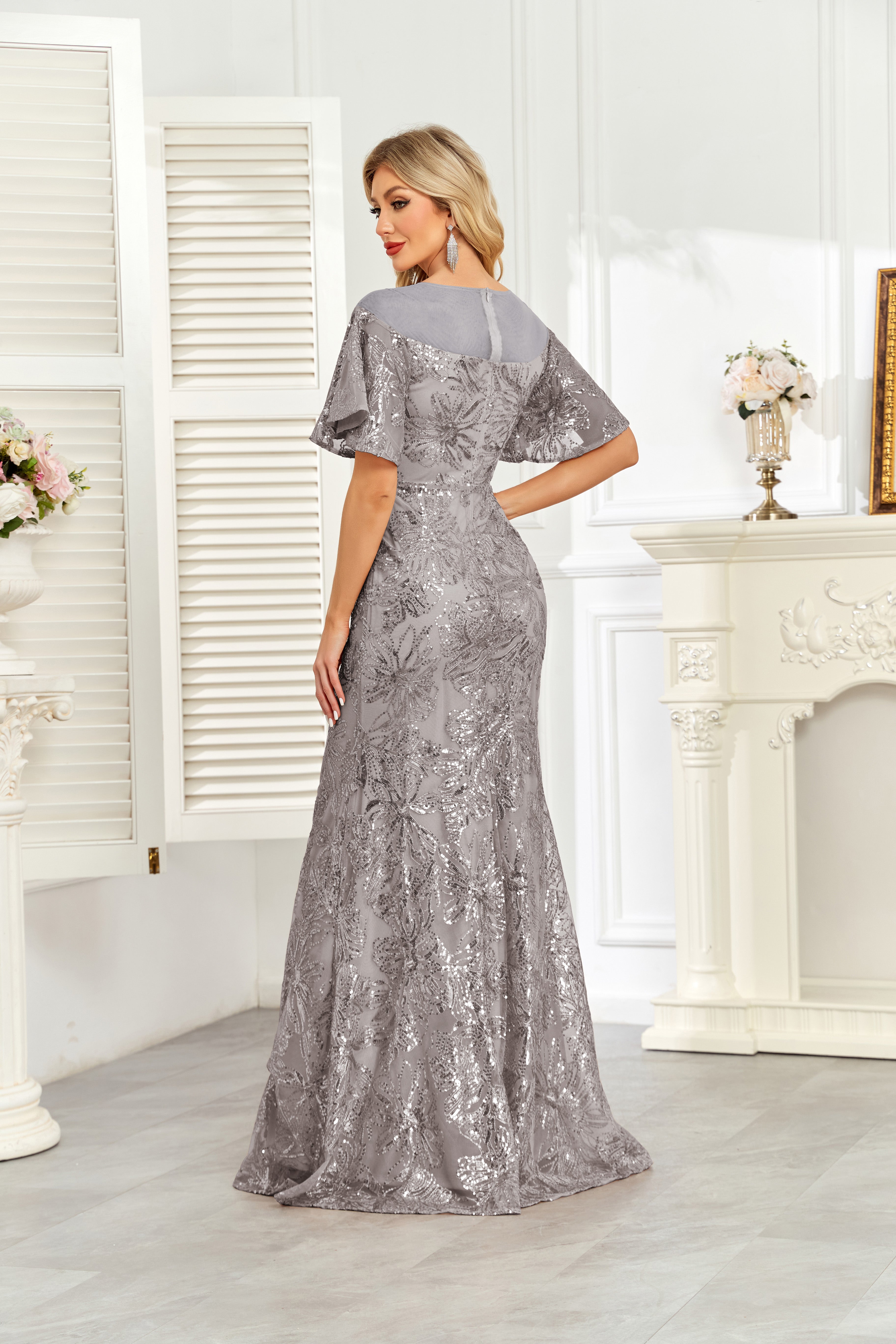 Champagne Gold Sequin Flutter Sleeve A‑Line Evening Gown