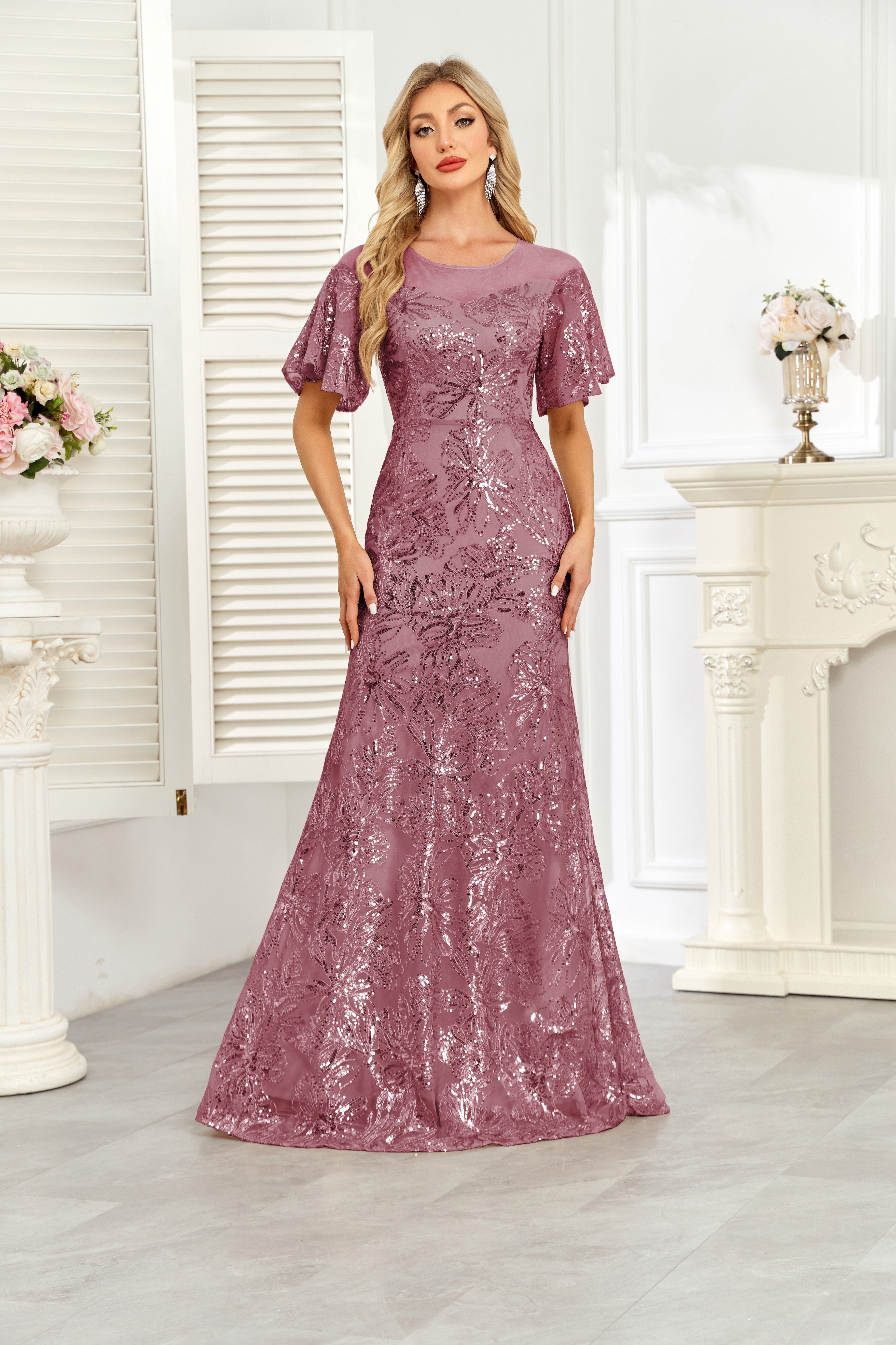 Champagne Gold Sequin Flutter Sleeve A‑Line Evening Gown