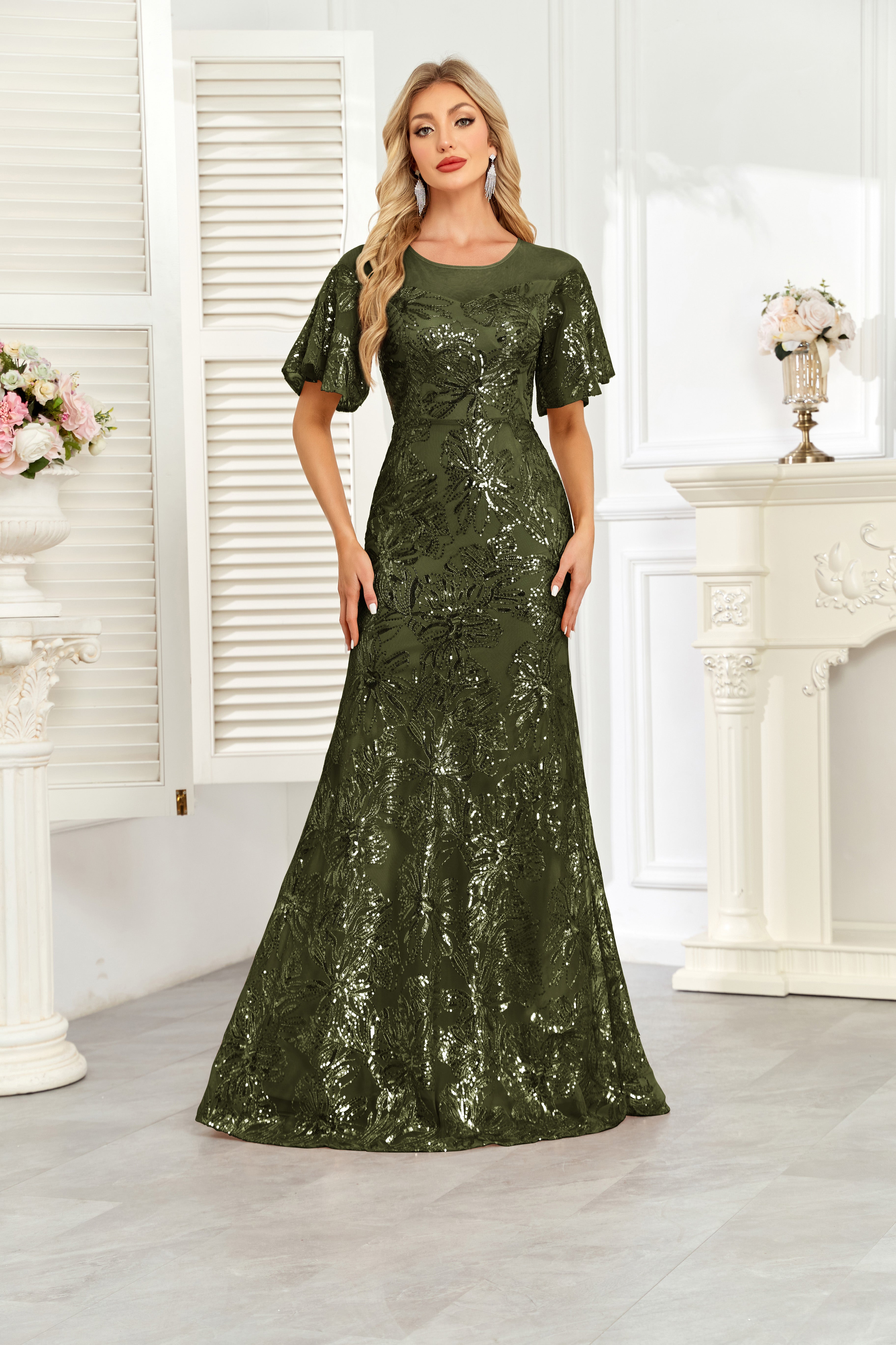 Champagne Gold Sequin Flutter Sleeve A‑Line Evening Gown