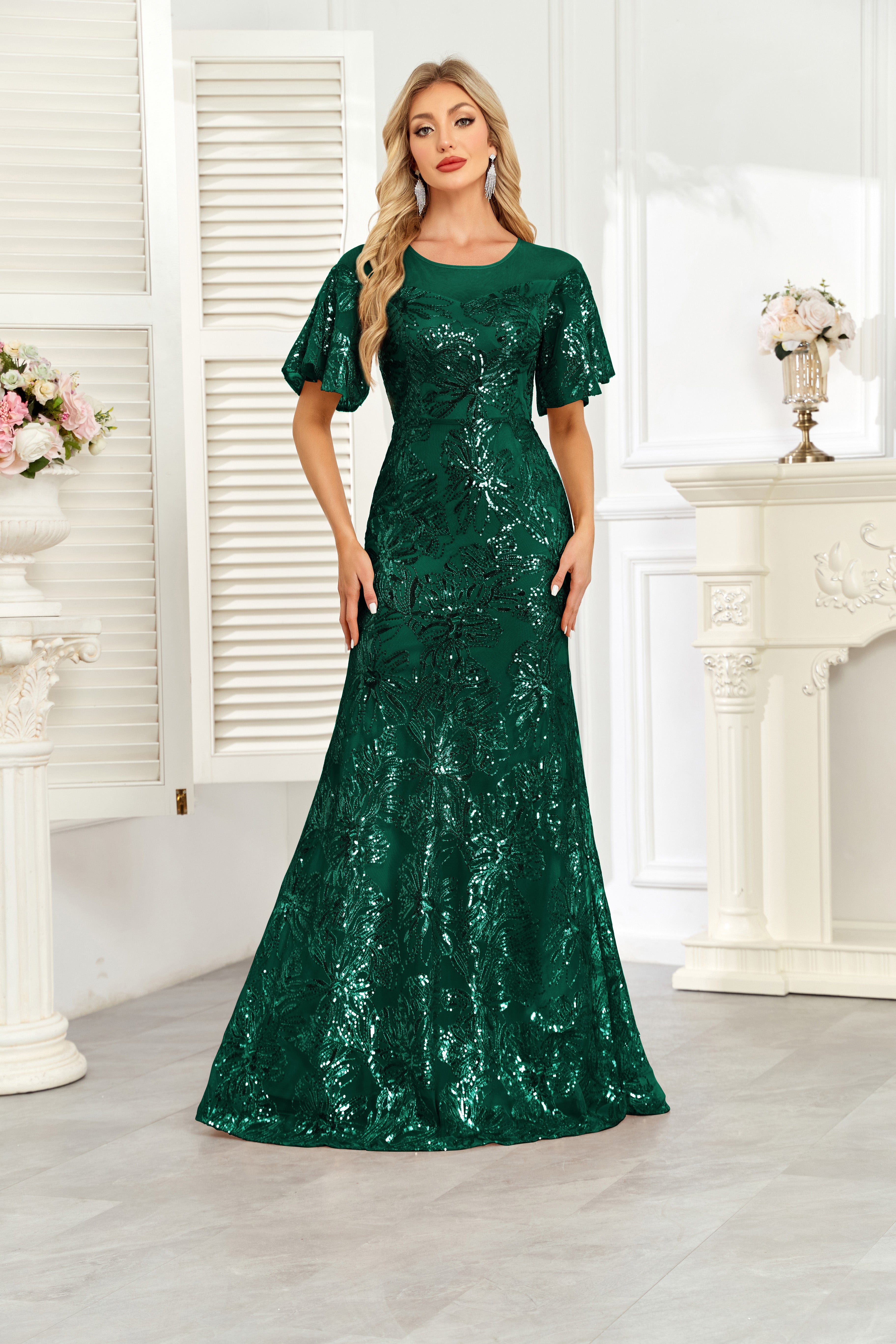 Champagne Gold Sequin Flutter Sleeve A‑Line Evening Gown