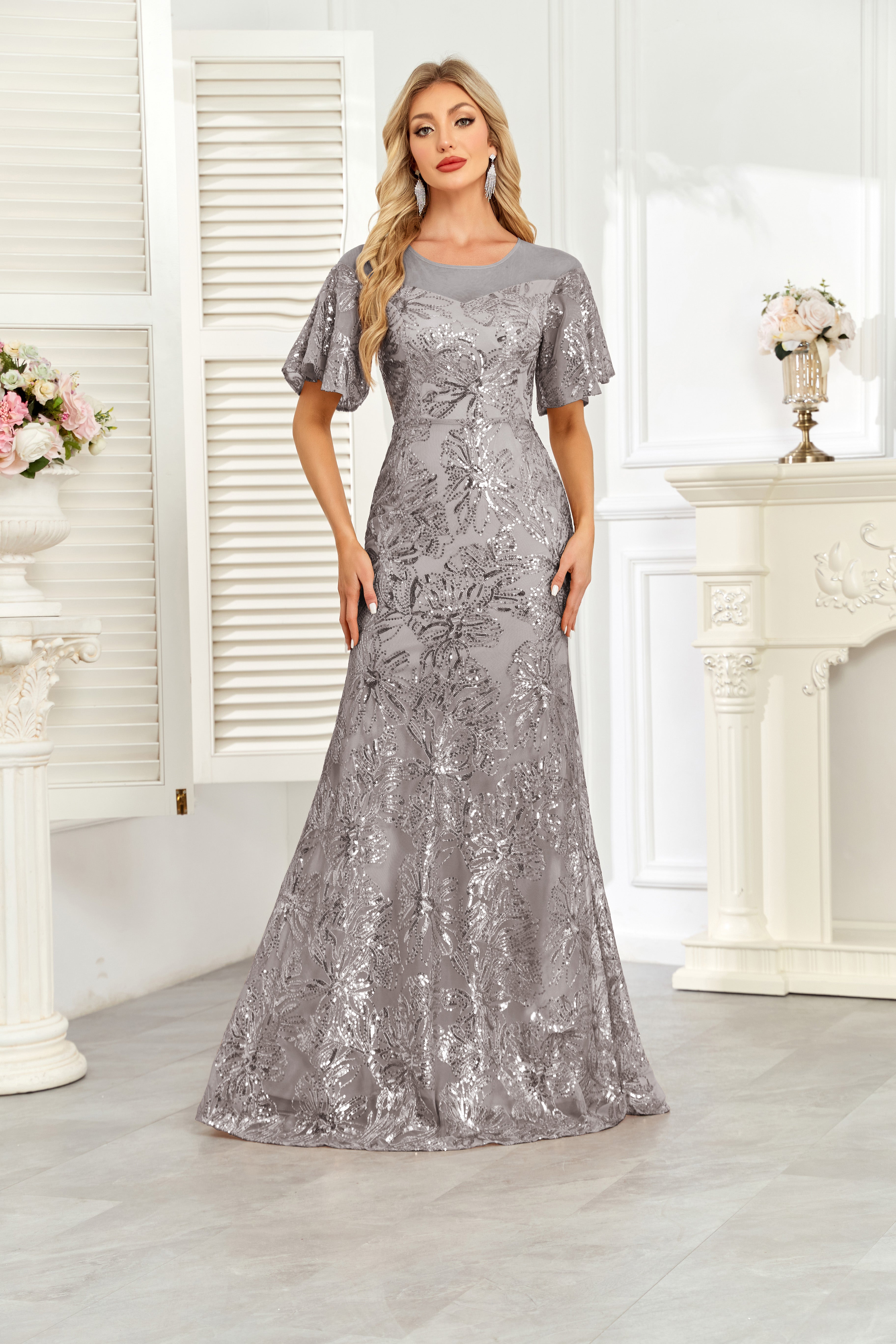 Champagne Gold Sequin Flutter Sleeve A‑Line Evening Gown