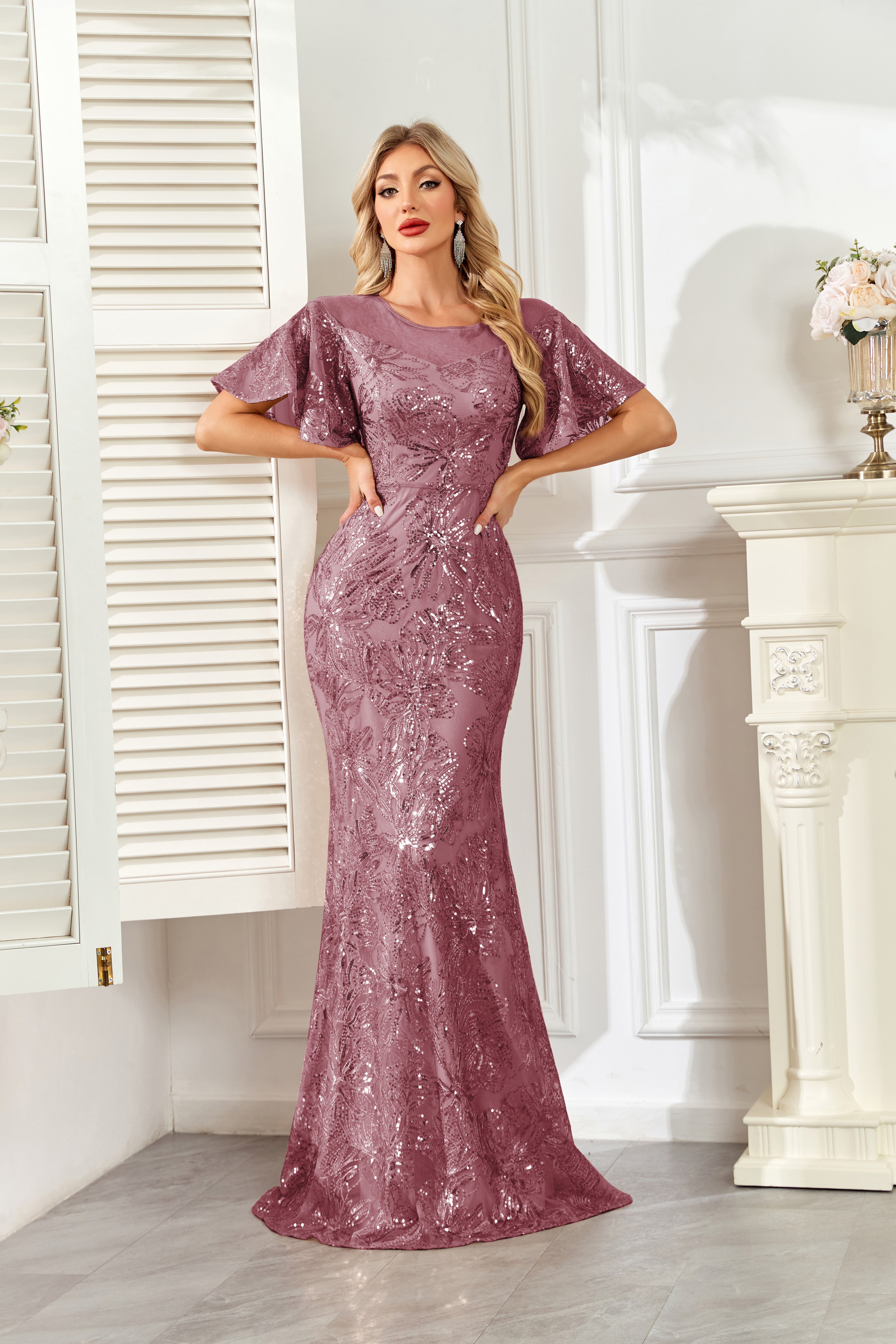 Champagne Gold Sequin Flutter Sleeve A‑Line Evening Gown
