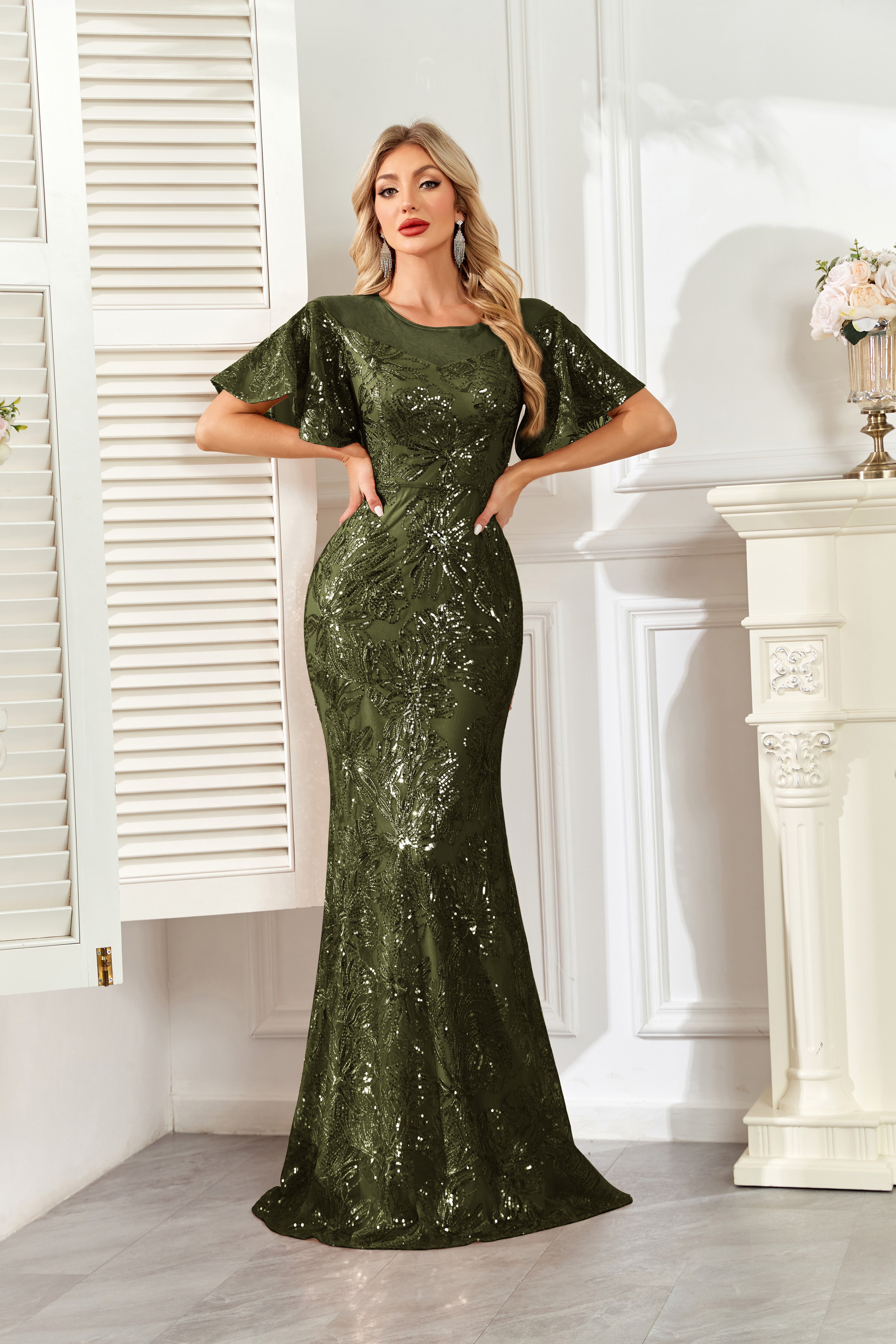 Champagne Gold Sequin Flutter Sleeve A‑Line Evening Gown