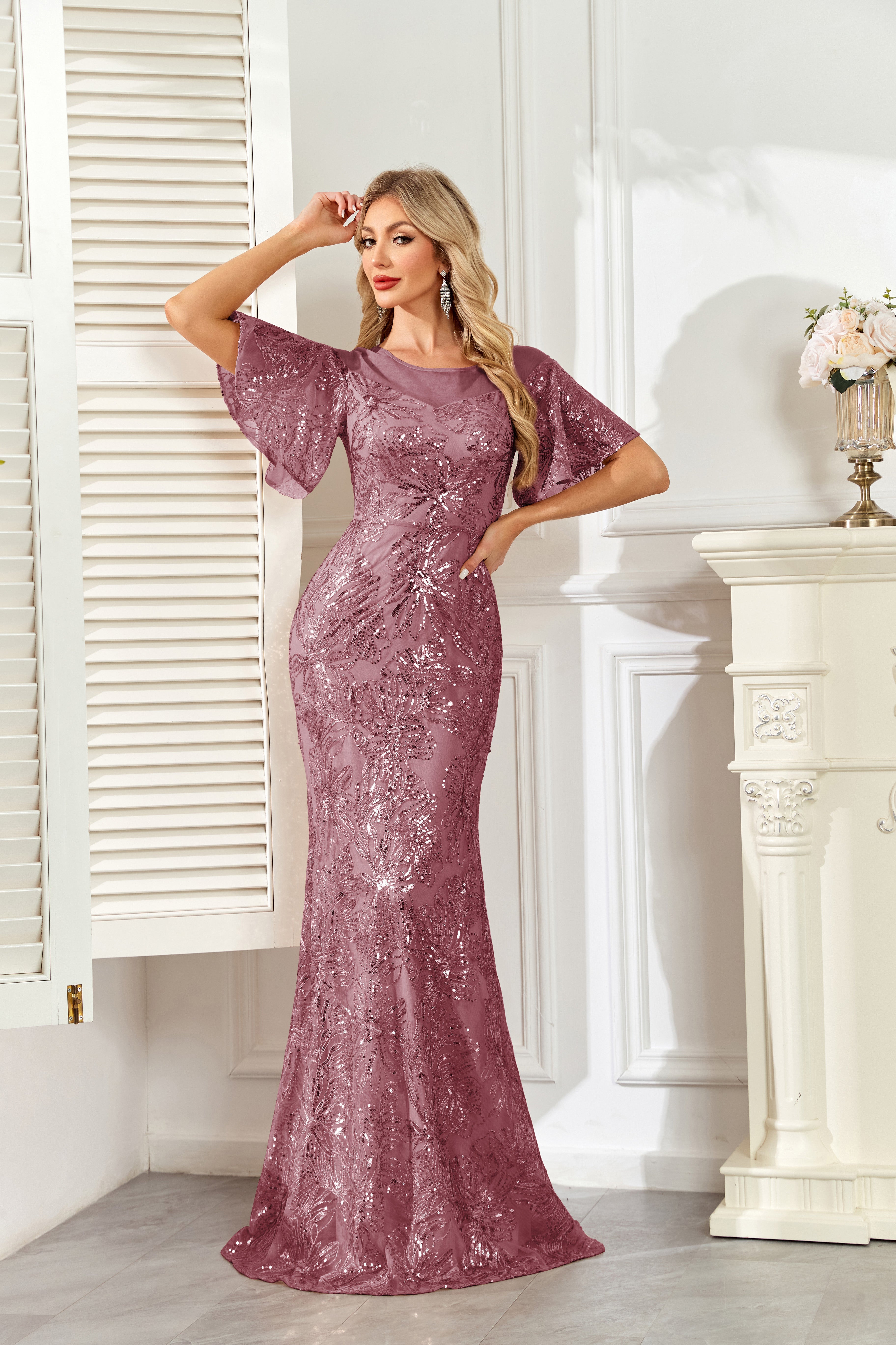 Champagne Gold Sequin Flutter Sleeve A‑Line Evening Gown