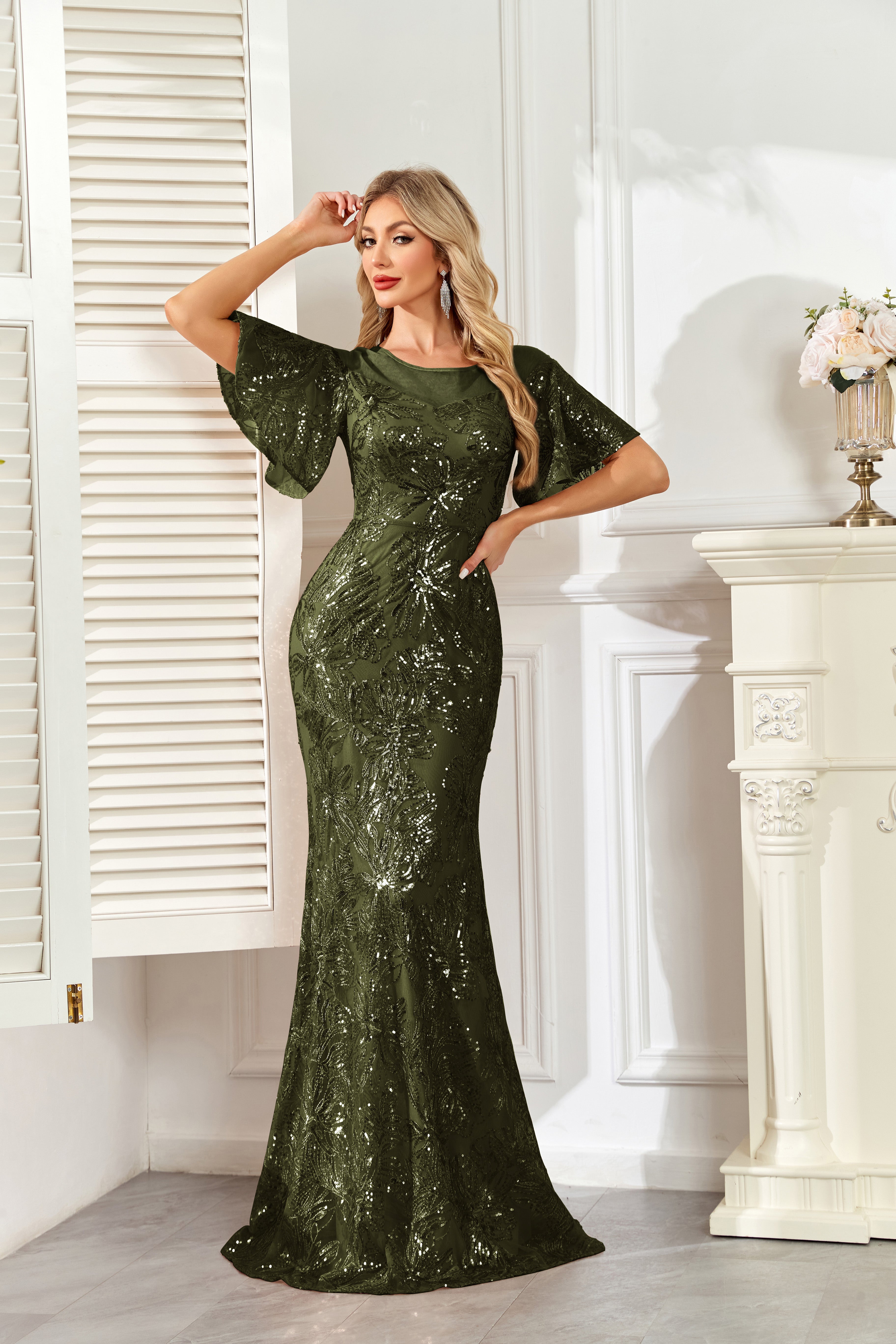 Champagne Gold Sequin Flutter Sleeve A‑Line Evening Gown