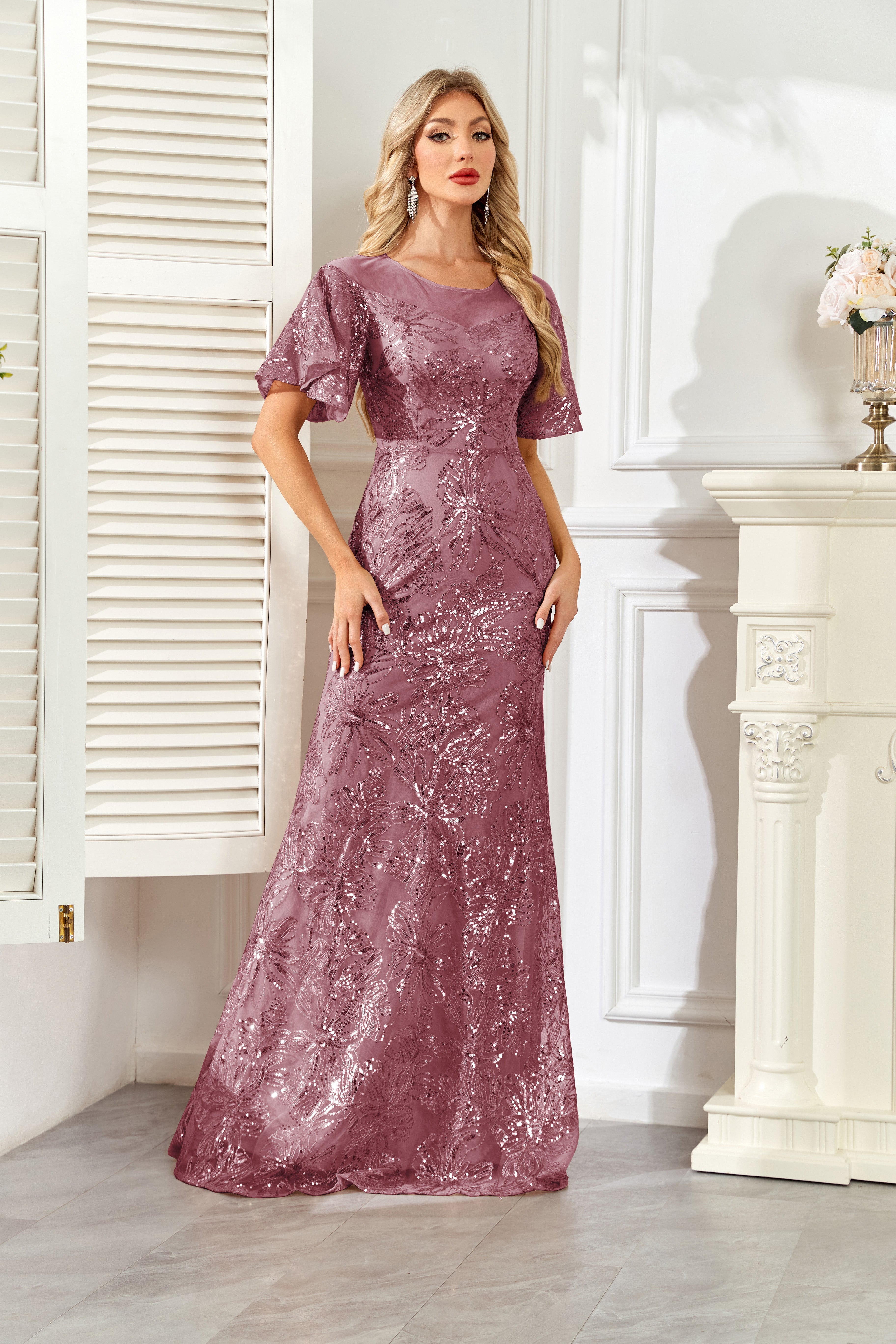Champagne Gold Sequin Flutter Sleeve A‑Line Evening Gown