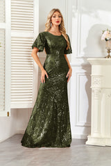 Champagne Gold Sequin Flutter Sleeve A‑Line Evening Gown