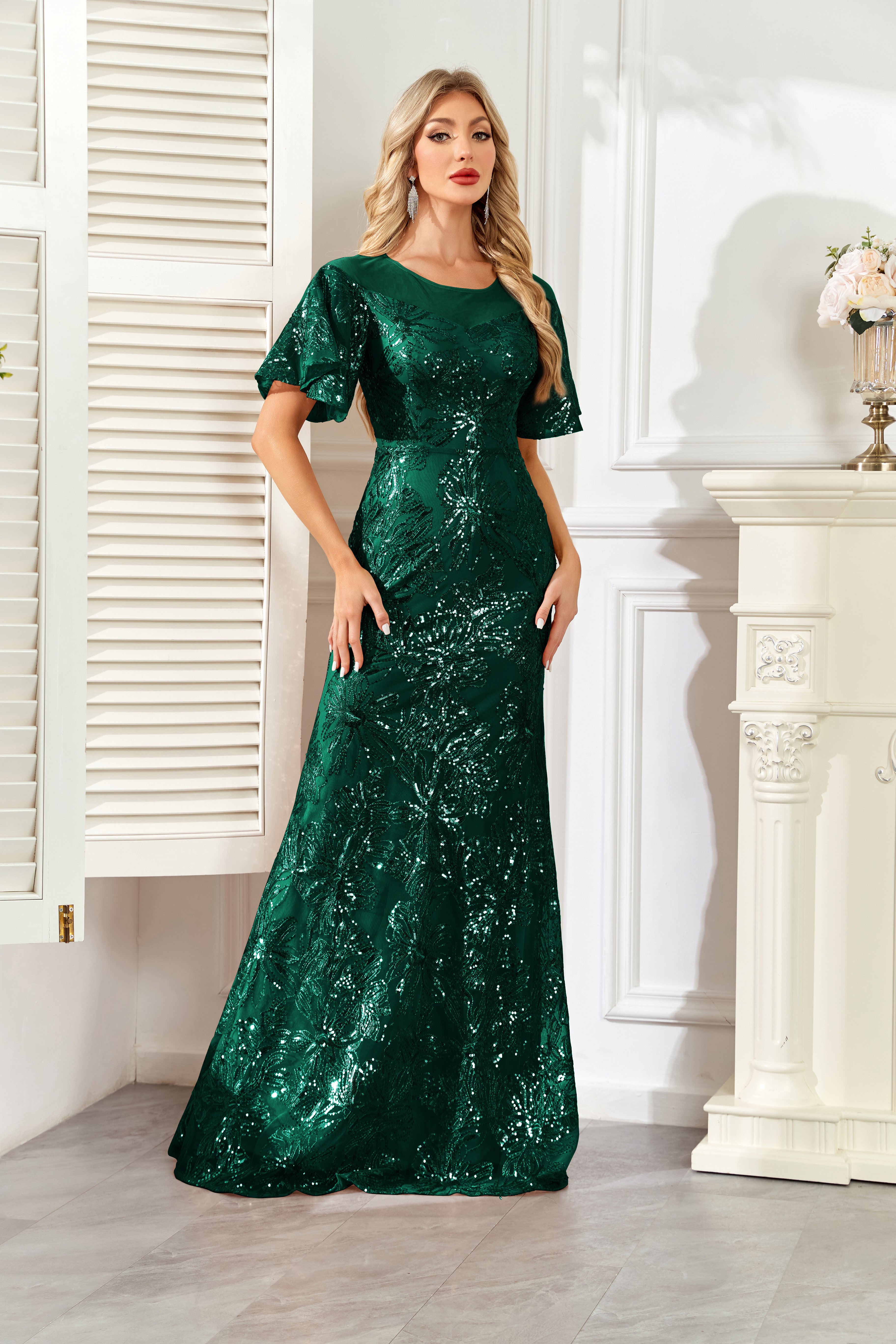 Champagne Gold Sequin Flutter Sleeve A‑Line Evening Gown