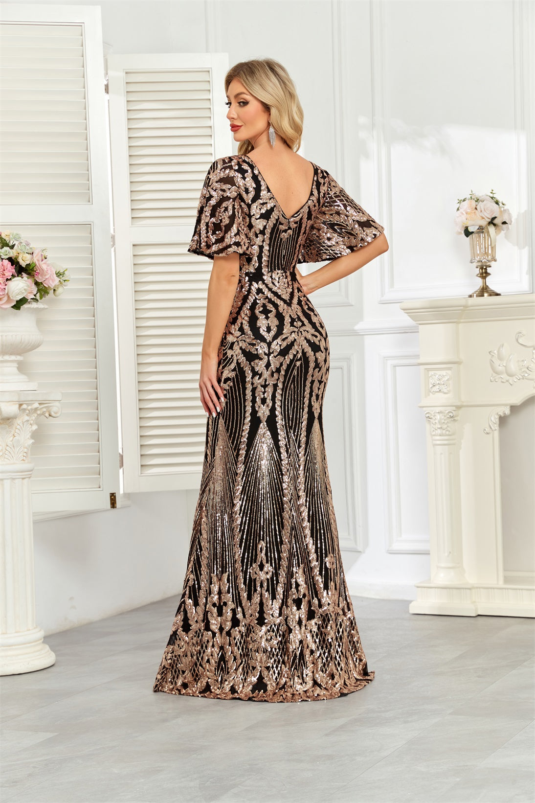 Black Rose Gold Sequin Flutter Sleeve Mermaid Evening Gown