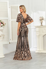 Black Rose Gold Sequin Flutter Sleeve Mermaid Evening Gown