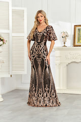 Black Rose Gold Sequin Flutter Sleeve Mermaid Evening Gown