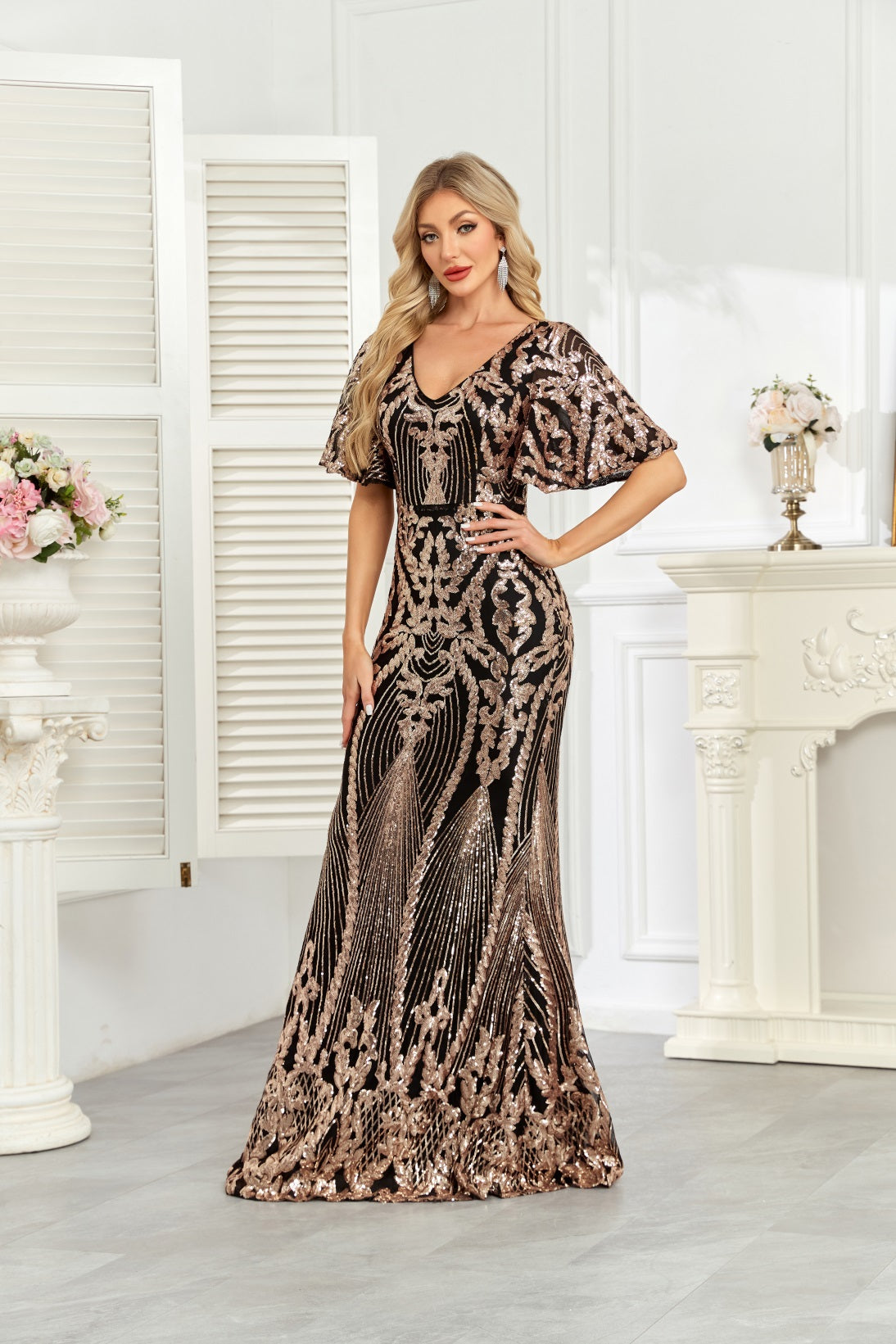 Black Rose Gold Sequin Flutter Sleeve Mermaid Evening Gown