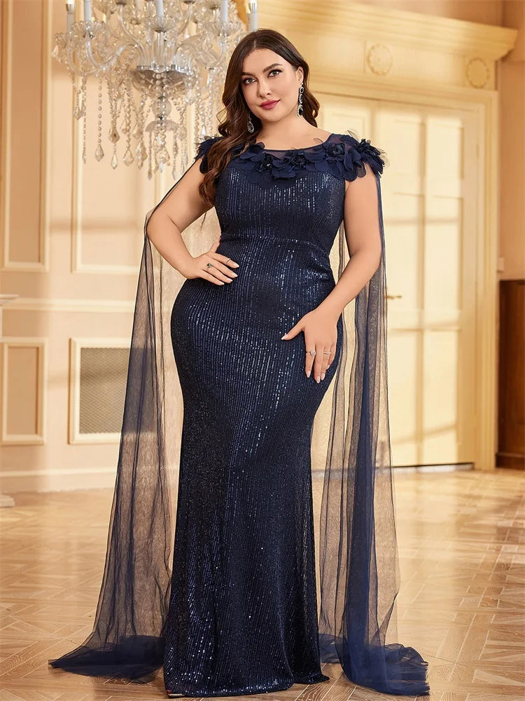 Plus Size Luxury Blue O-Neck Applique Sequin Evening Dresses | XUIBOL