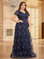 Plus Size Elegant Flower V-Neck Evening Dress