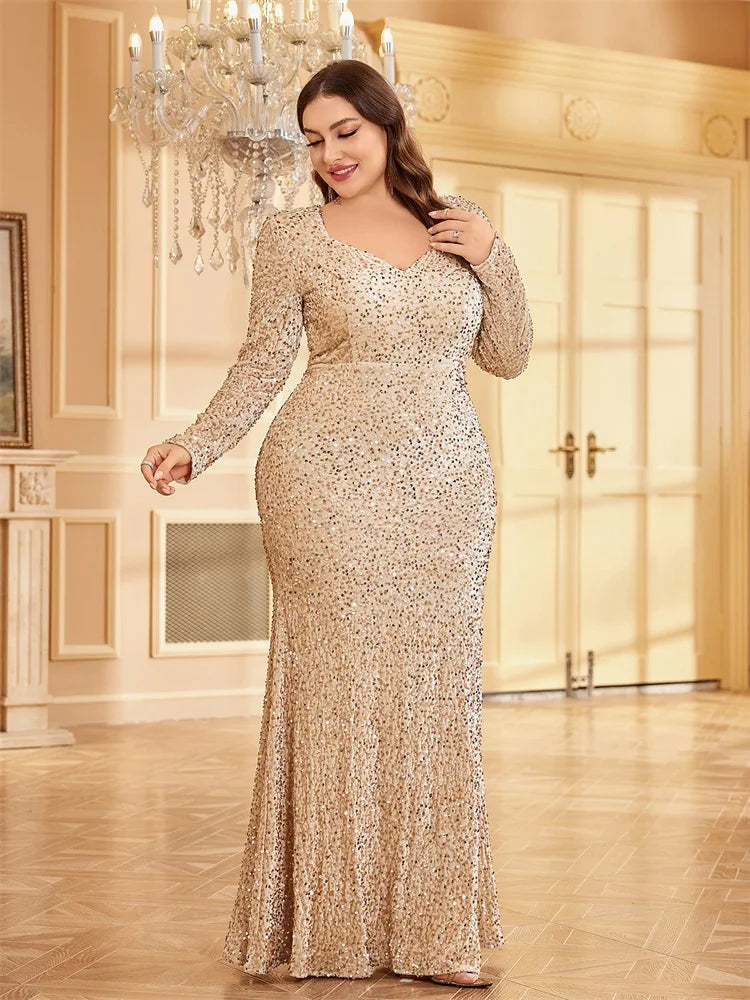 Plus Size Gold Stretch Sequin Floor Length Evening Dress | XUIBOL