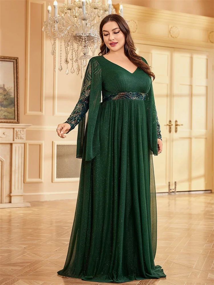 Plus Size Long Sleeves Sequin Floor Length Green Evening Dress | XUIBOL