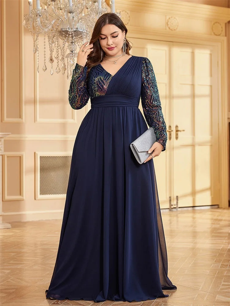 Plus Size Luxury Chiffon Long Sleeve Evening Dresses | XUIBOL