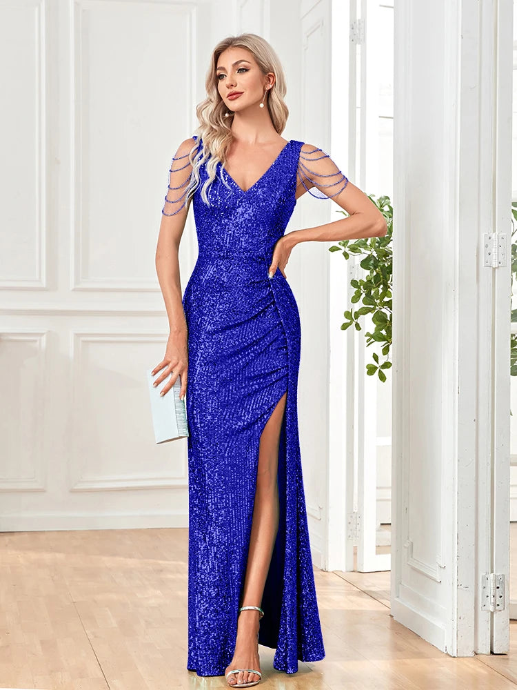 XUIBOL | Women Elegant Sexy Deep V-Neck Sequins Evening Dress