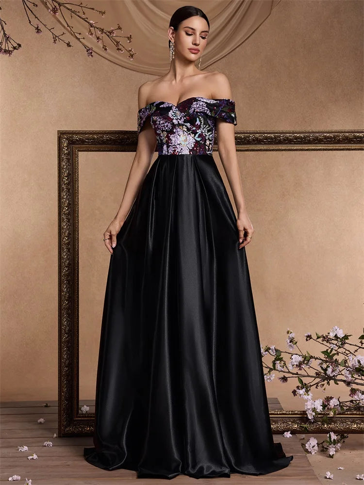 XUIBOL Elegant Sequins Formal Evening Dress long 2025 luxury Women Off-the-Shoulder Satin Party Blue Prom Cocktail Gowns