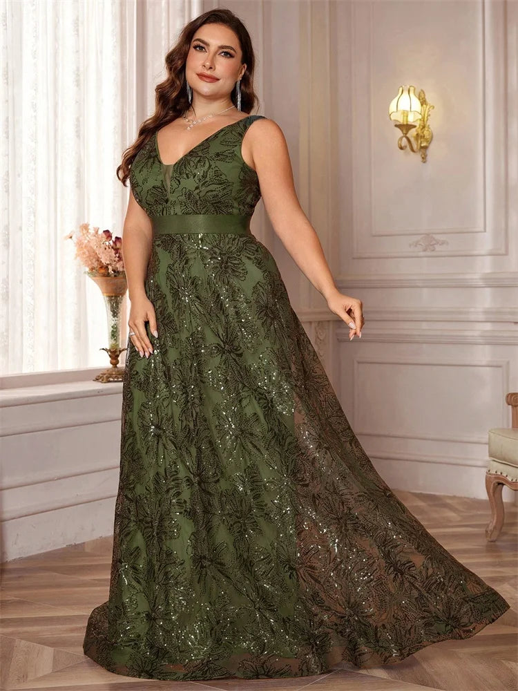 XUIBOL |  Plus Size Luxury Sexy Deep V-Neck Sequins Green Evening Dress