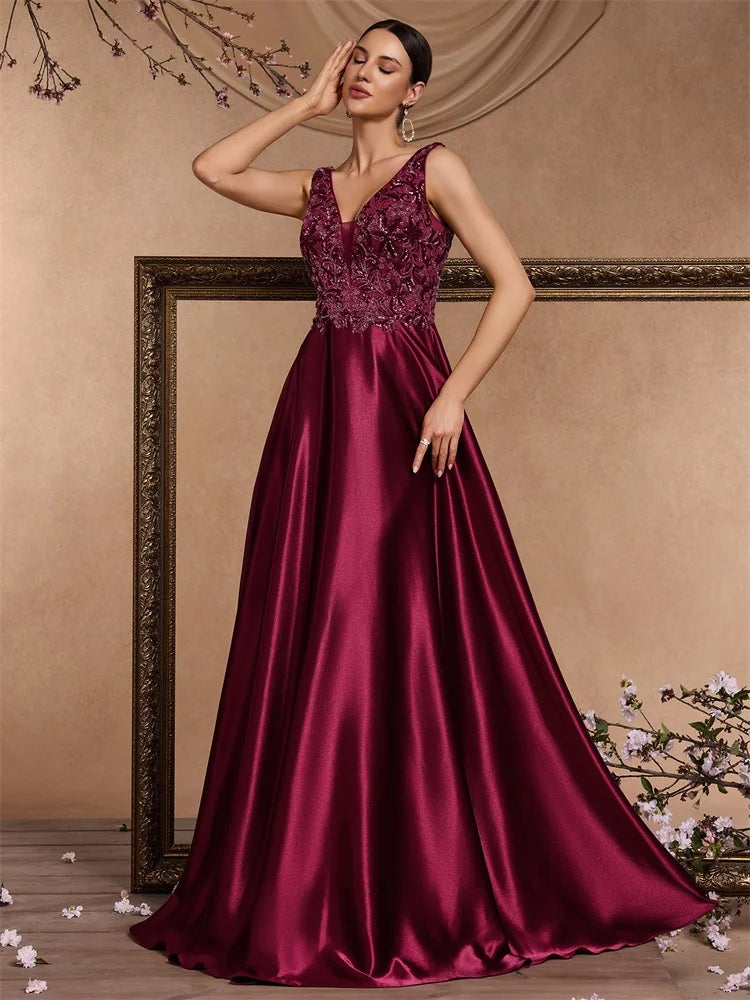 XUIBOL Elegant Sequins Evening Dress For Women 2025 Deep V-neck Satin Prom Party Red Dress Floor Length Blue Formal Gowns