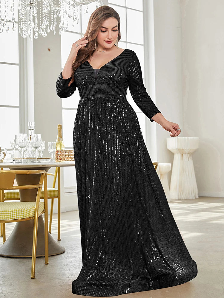 Plus Size Luxury V-Neck Long Sleeves Sequins Evening Dress | XUIBOL