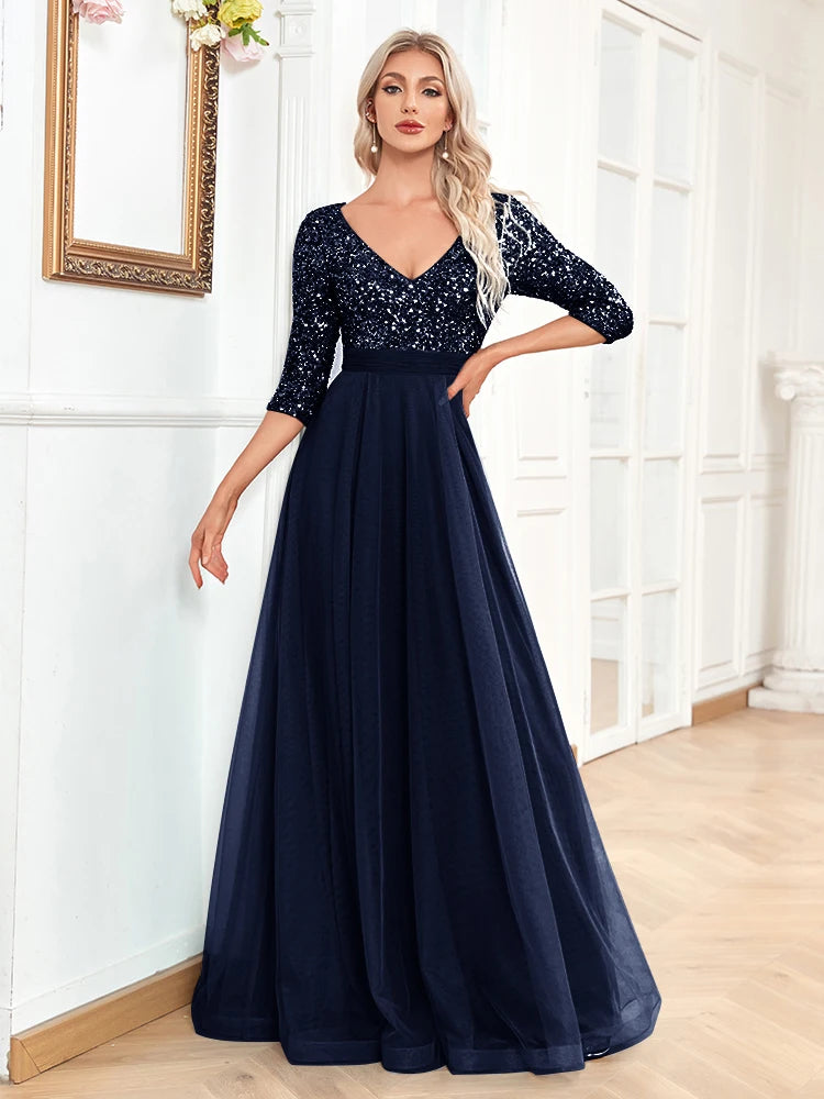 XUIBOL | Elegant V-Neck Long Sequin Blue Evening Dress 2024 Women Mermaid Formal Dress Long Sleeves Wedding Party Maxi Prom Dress