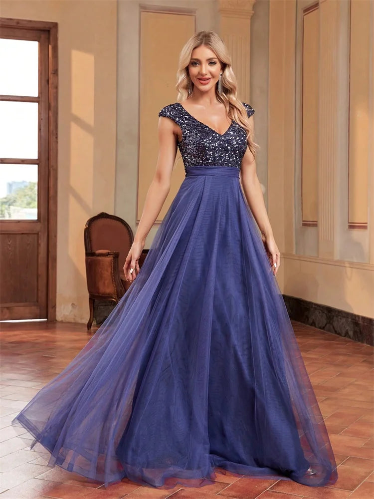 XUIBOL | Elegant Blue Sequins Evening Dress Luxury 2025 Women Long Formal A-Line Prom Party Dress Sleeveless Cocktail Dresses