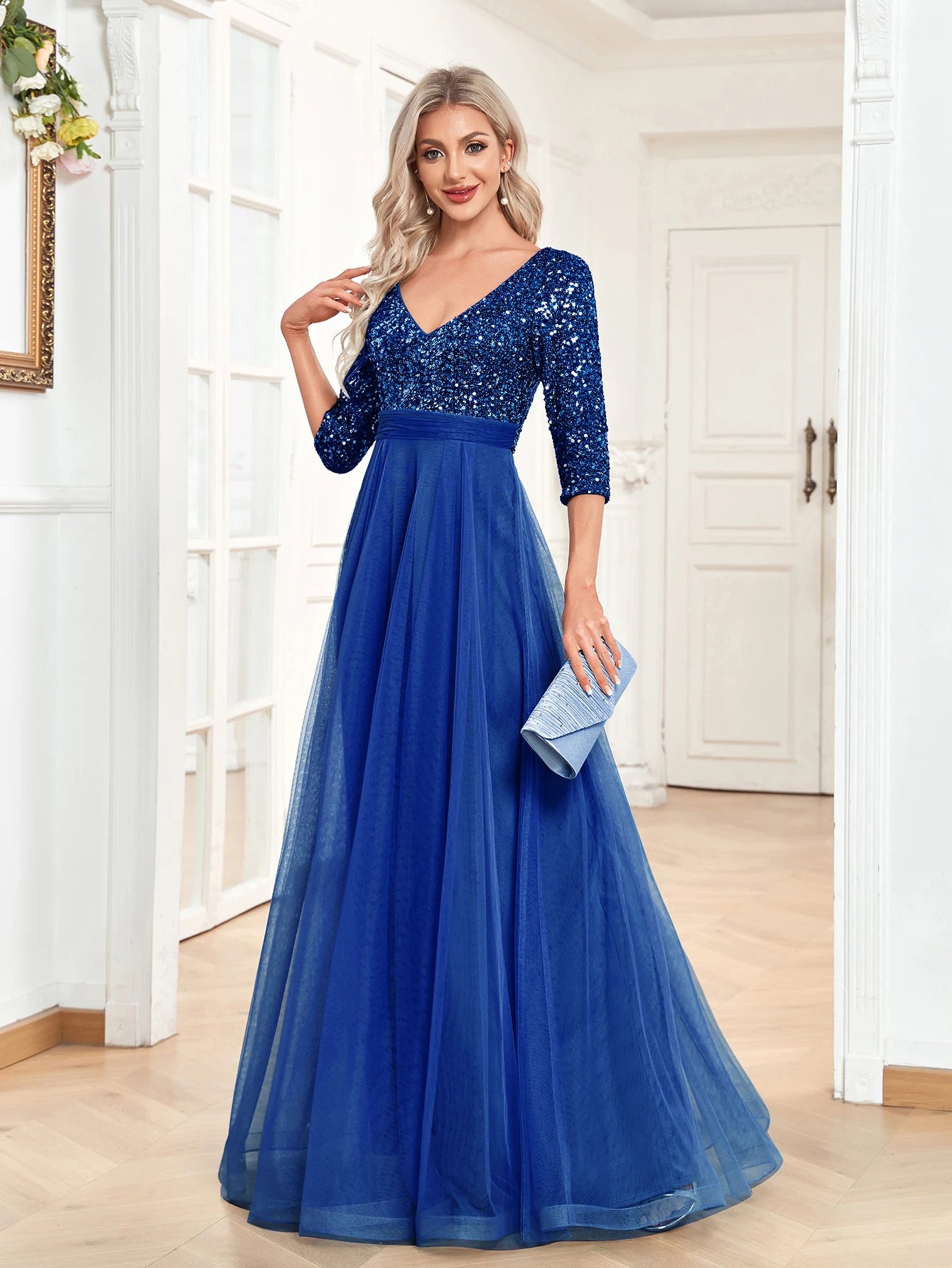 XUIBOL | Elegant V-Neck Long Sequin Blue Evening Dress 2024 Women Mermaid Formal Dress Long Sleeves Wedding Party Maxi Prom Dress