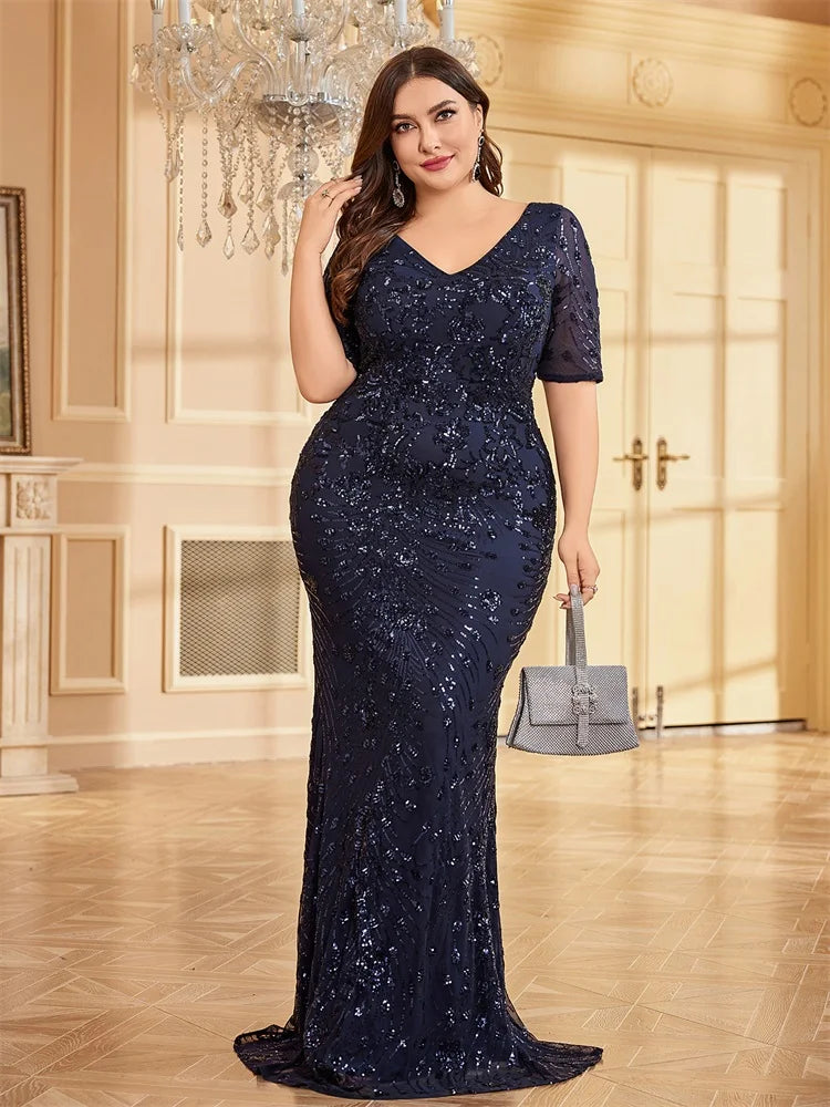 Plus Size Elegant Vneck Sequins Evening Dress | XUIBOL