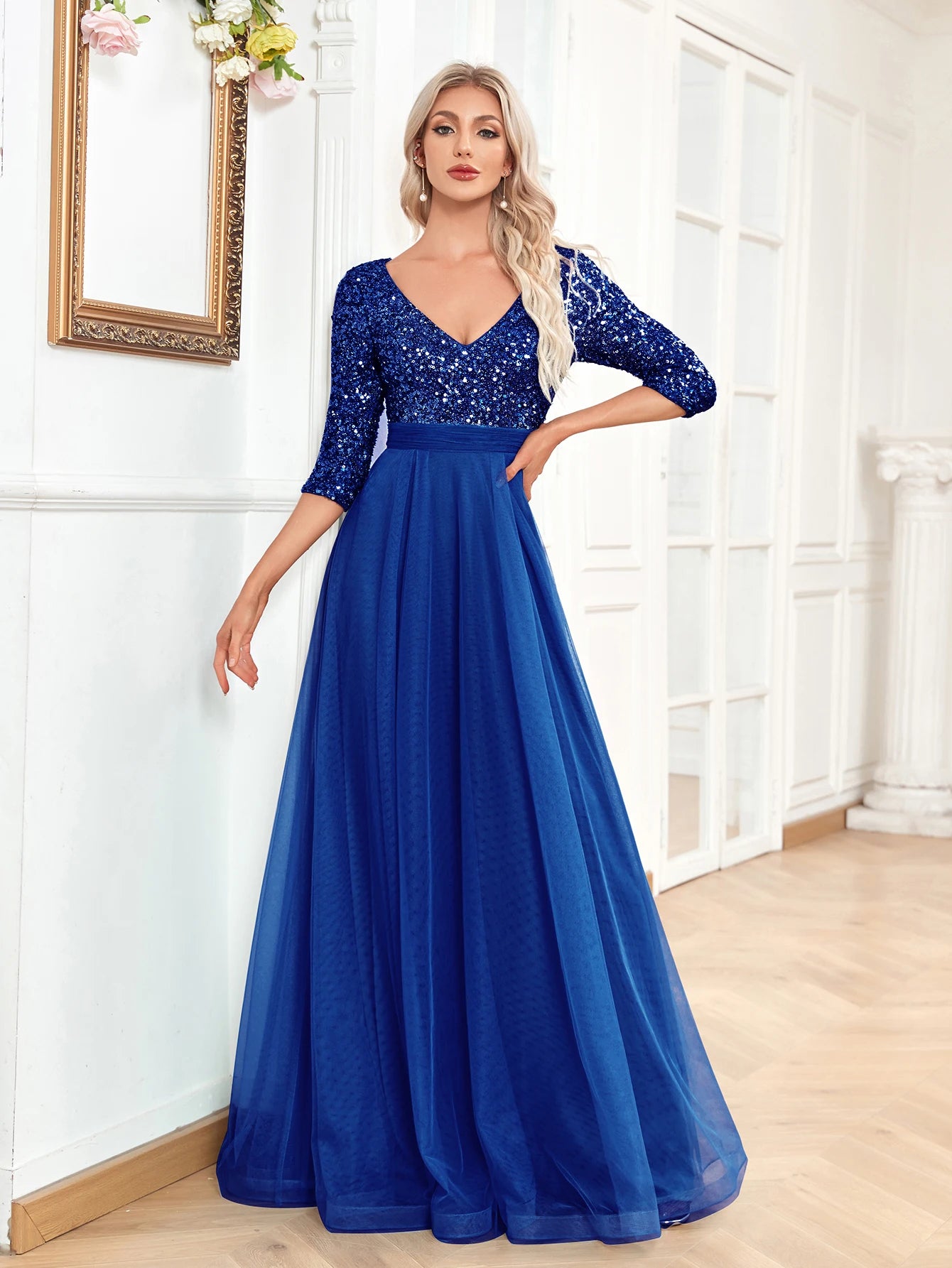 XUIBOL | Elegant V-Neck Long Sequin Blue Evening Dress 2024 Women Mermaid Formal Dress Long Sleeves Wedding Party Maxi Prom Dress