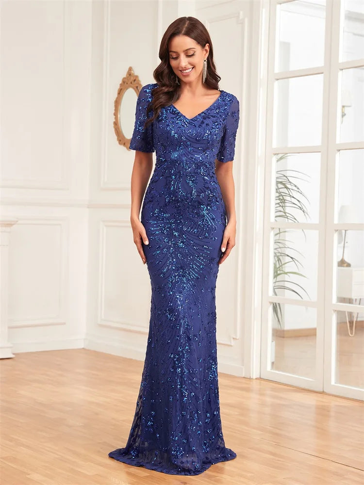 Plus Size Elegant Vneck Sequins Evening Dress | XUIBOL