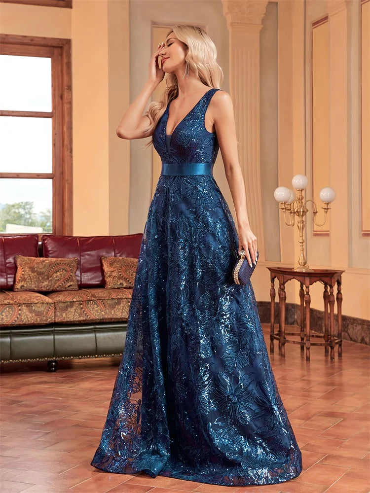 XUIBOL | Luxury Sexy Deep V-Neck Flower Sequins Blue Evening Dress Women Elegant V-back Wedding Party Long Prom Cocktail Dresses