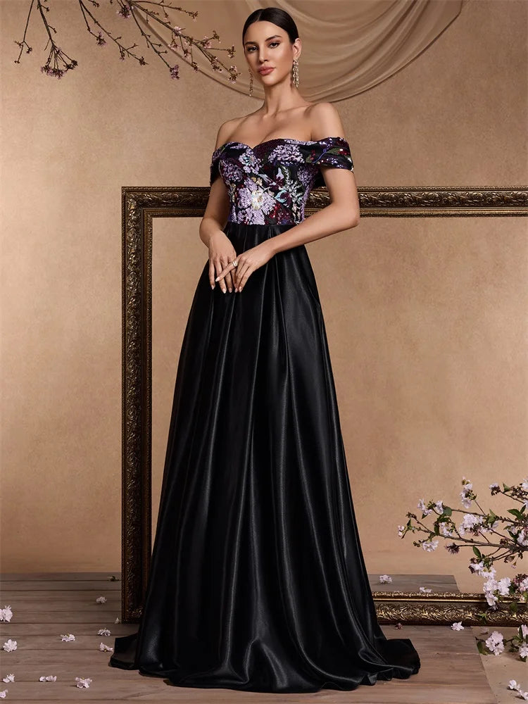 XUIBOL Elegant Sequins Formal Evening Dress long 2025 luxury Women Off-the-Shoulder Satin Party Blue Prom Cocktail Gowns