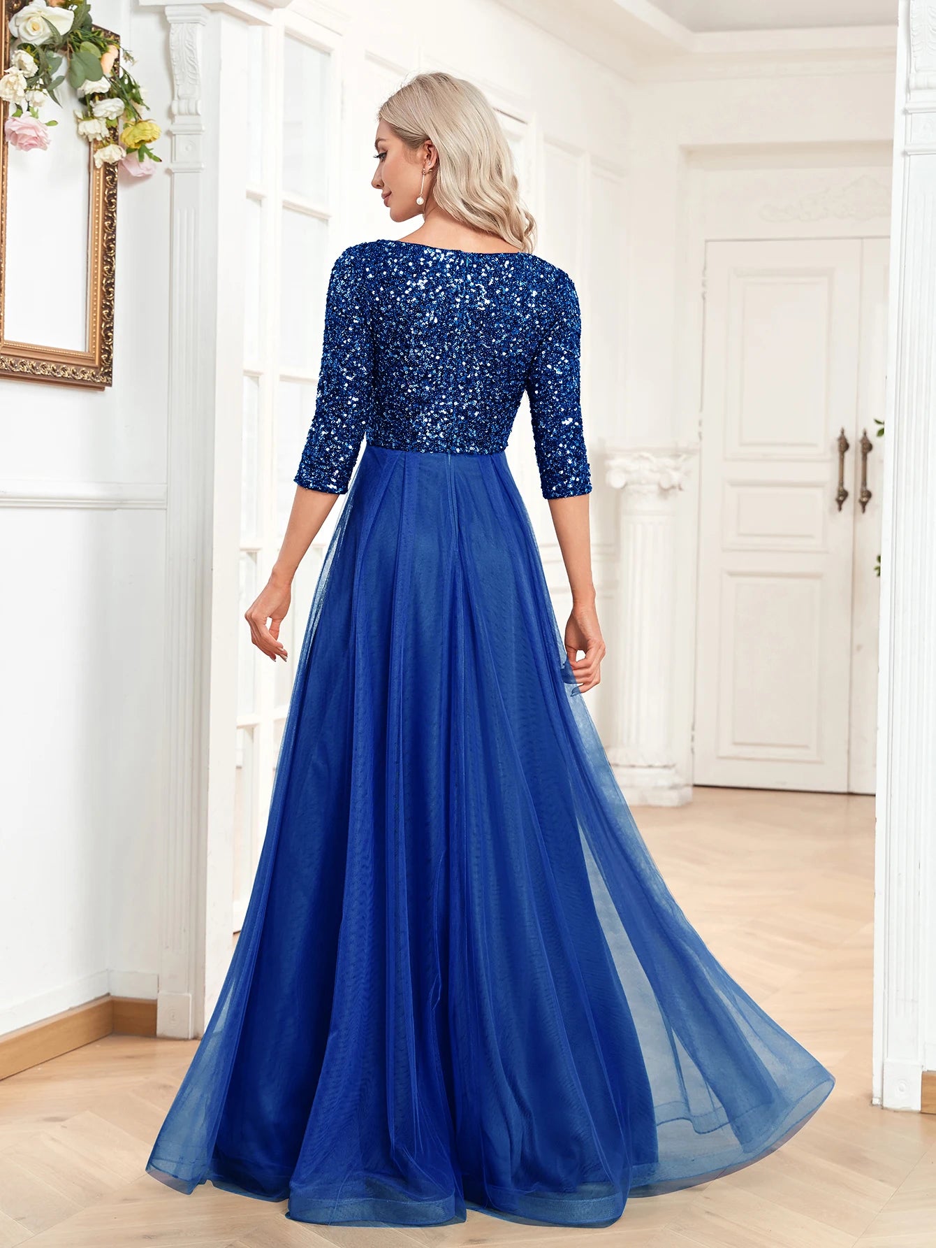 XUIBOL | Elegant V-Neck Long Sequin Blue Evening Dress 2024 Women Mermaid Formal Dress Long Sleeves Wedding Party Maxi Prom Dress