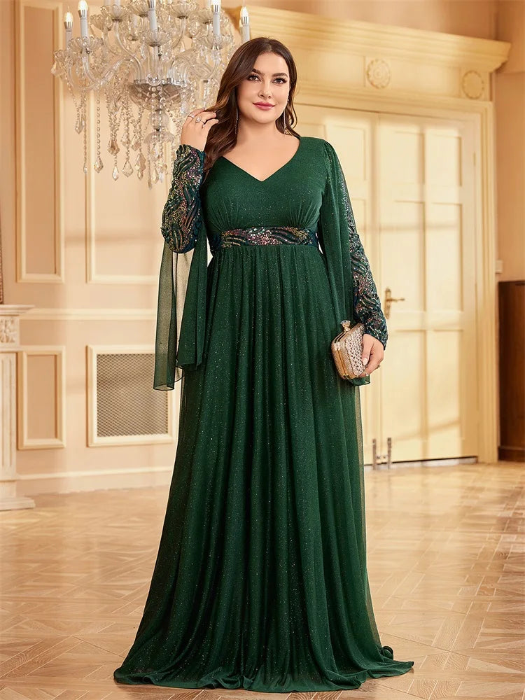Plus Size Long Sleeves Sequin Floor Length Green Evening Dress | XUIBOL