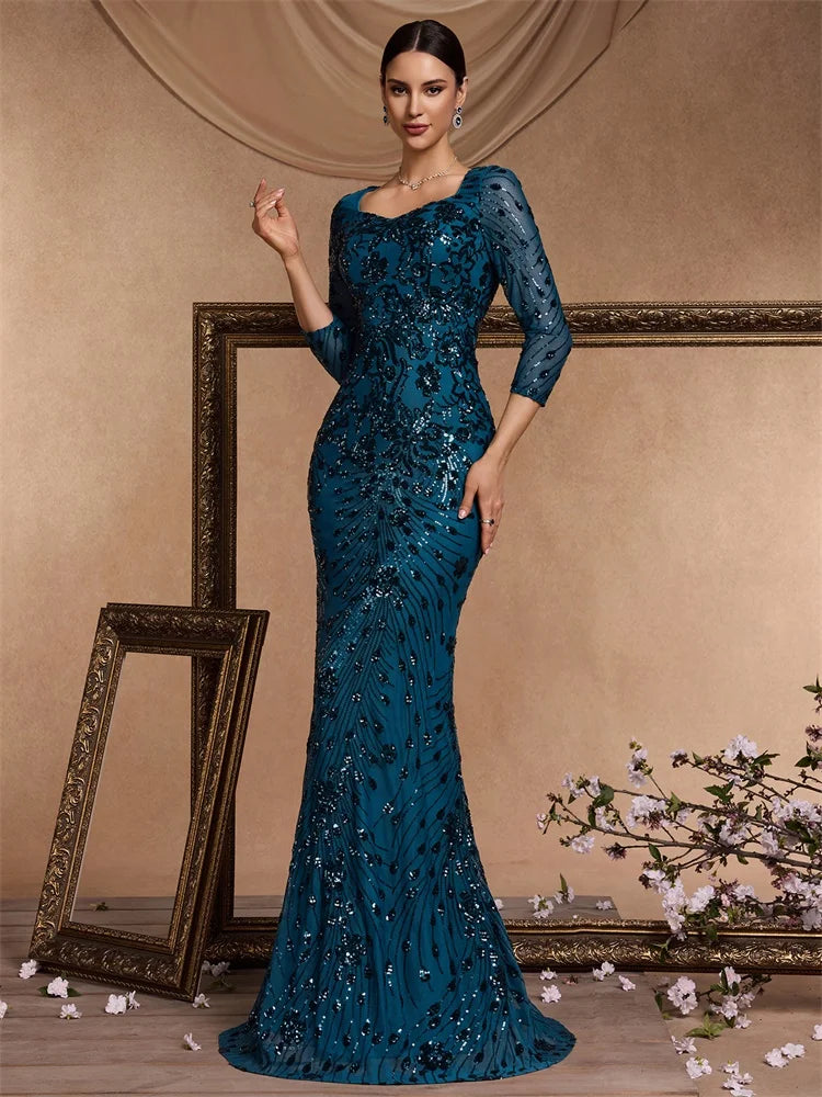 XUIBOL | Luxury Blue Sequins Evening Dress Women 2024 Mermaid Formal V-neck Prom Elegant Long sleeve Wedding Party Cocktail Gowns