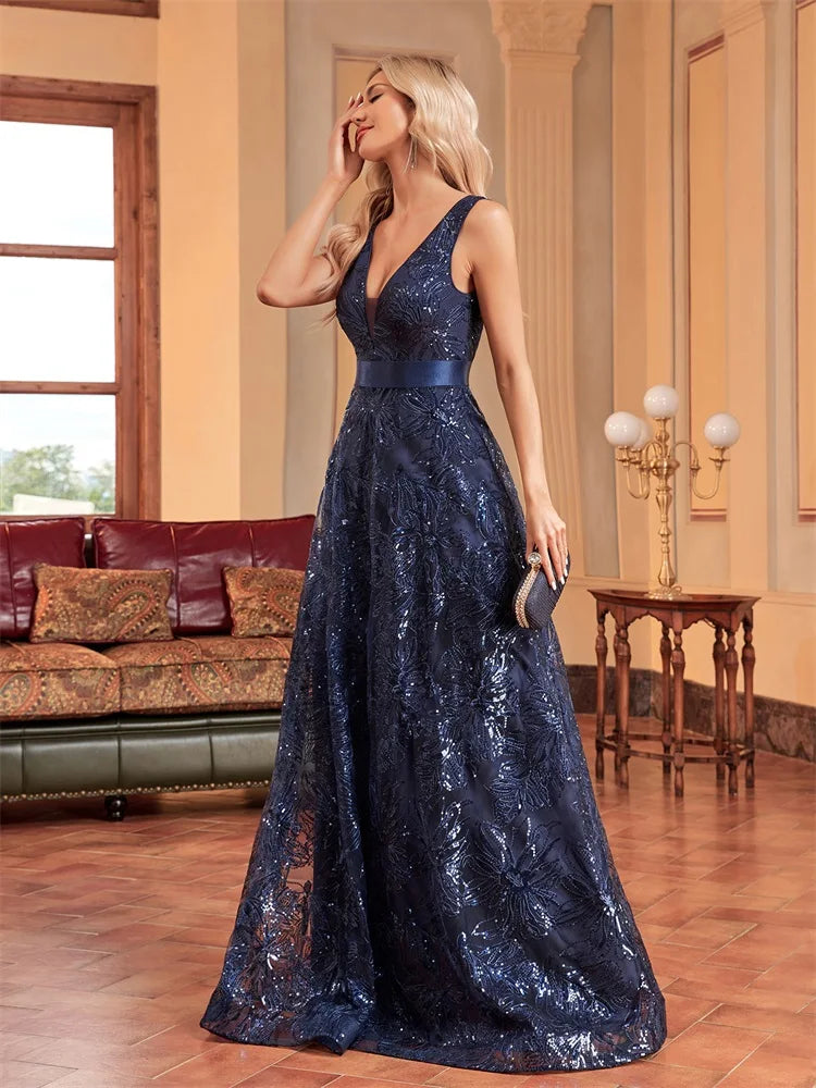 XUIBOL | Luxury Sexy Deep V-Neck Flower Sequins Blue Evening Dress Women Elegant V-back Wedding Party Long Prom Cocktail Dresses