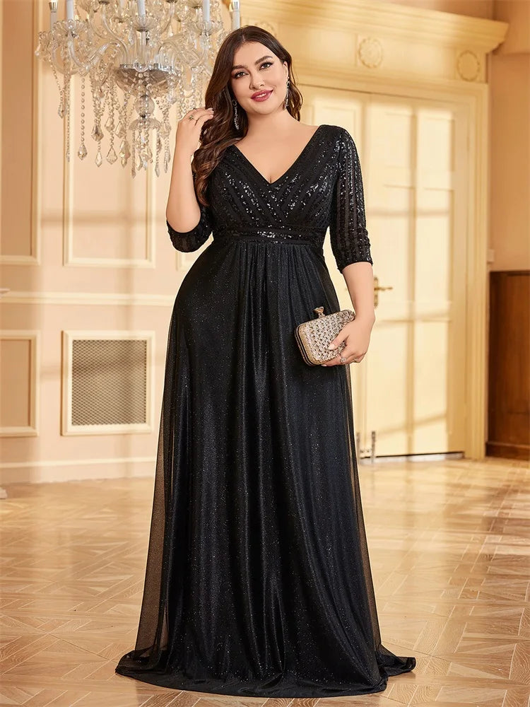 Plus Size Luxury Prom Dress Long V Neck A-Line Sequin With 3/4 Sleeve Blue Bridesmaid dress | XUIBOL