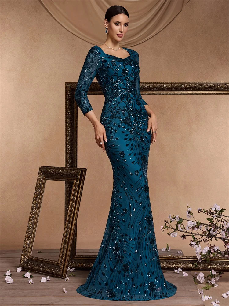 XUIBOL | Luxury Blue Sequins Evening Dress Women 2024 Mermaid Formal V-neck Prom Elegant Long sleeve Wedding Party Cocktail Gowns