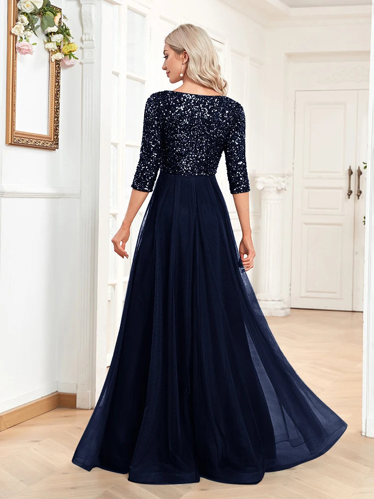 XUIBOL | Elegant V-Neck Long Sequin Blue Evening Dress 2024 Women Mermaid Formal Dress Long Sleeves Wedding Party Maxi Prom Dress