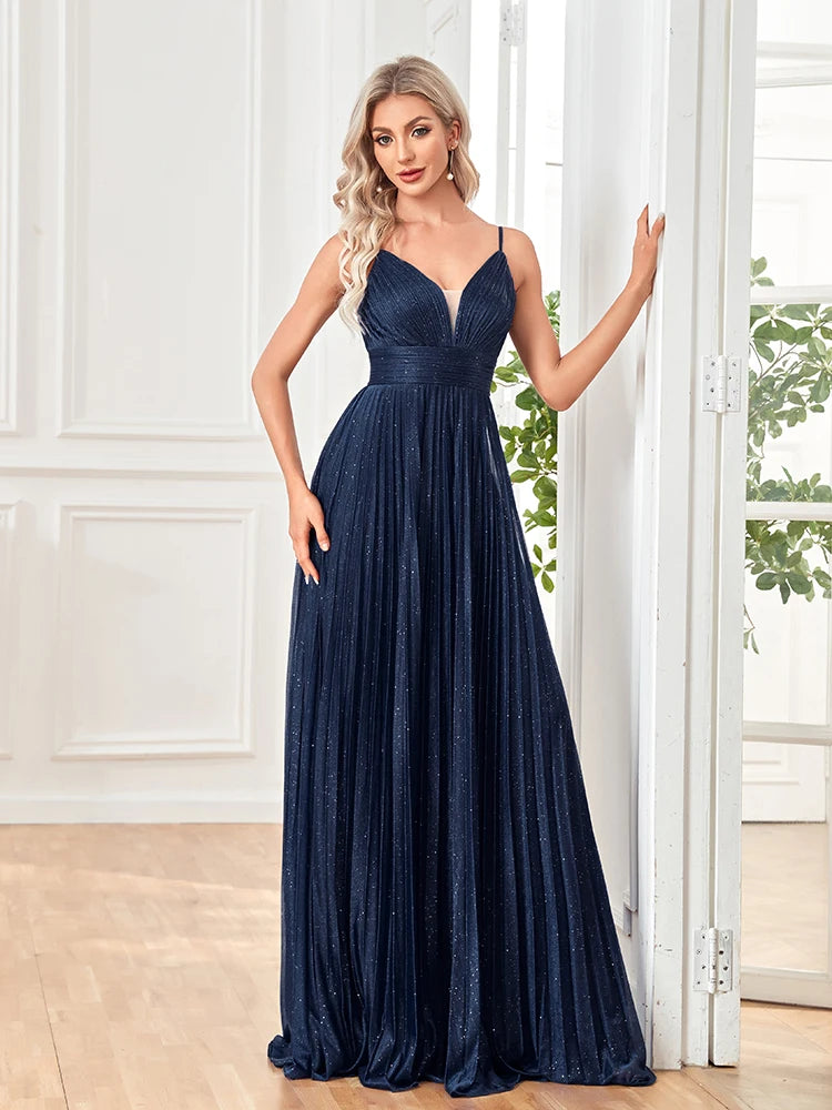 XUIBOL | Elegant Evening Dress Sexy V-Neck A-Line Floor-Length Gown Blue Backless Prom Party Women Maxi Cocktail Vestidos