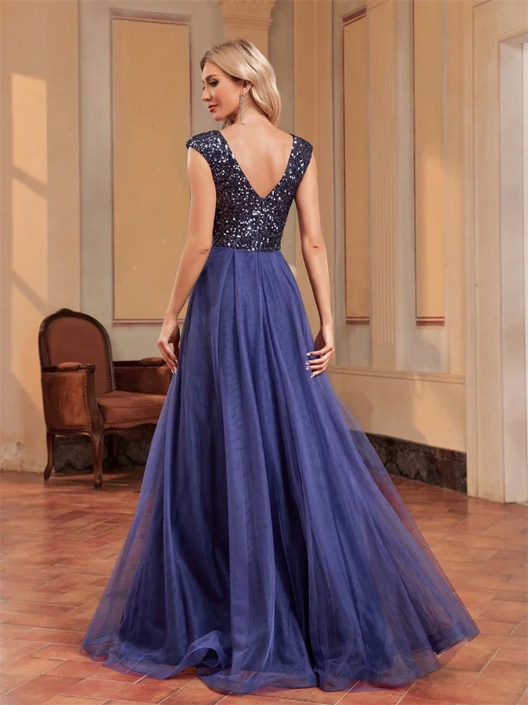 XUIBOL | Elegant Blue Sequins Evening Dress Luxury 2025 Women Long Formal A-Line Prom Party Dress Sleeveless Cocktail Dresses