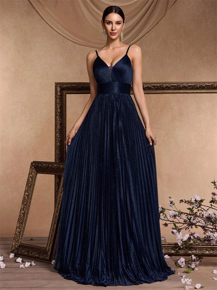 XUIBOL | Elegant Evening Dress Sexy V-Neck A-Line Floor-Length Gown Blue Backless Prom Party Women Maxi Cocktail Vestidos