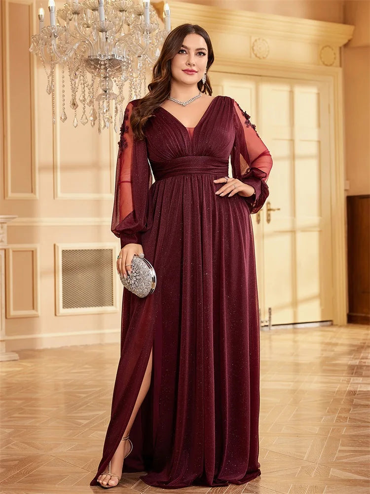 Plus Size Long Sleeves Sparkle Bling Bling Floor Length Split Evening Dress | XUIBOL