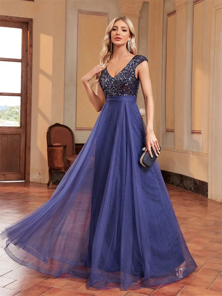 XUIBOL | Elegant Blue Sequins Evening Dress Luxury 2025 Women Long Formal A-Line Prom Party Dress Sleeveless Cocktail Dresses